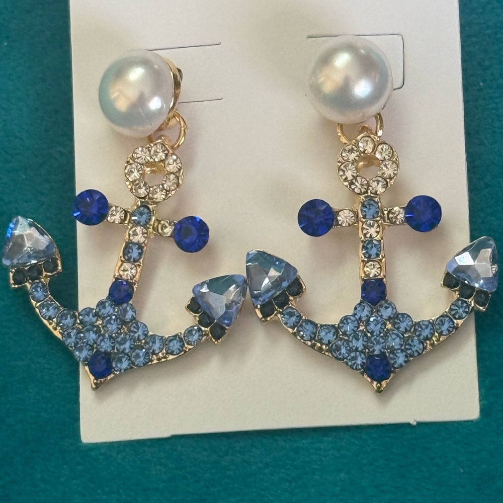 Pearl Blue Crystal Anchor Drop Earrings